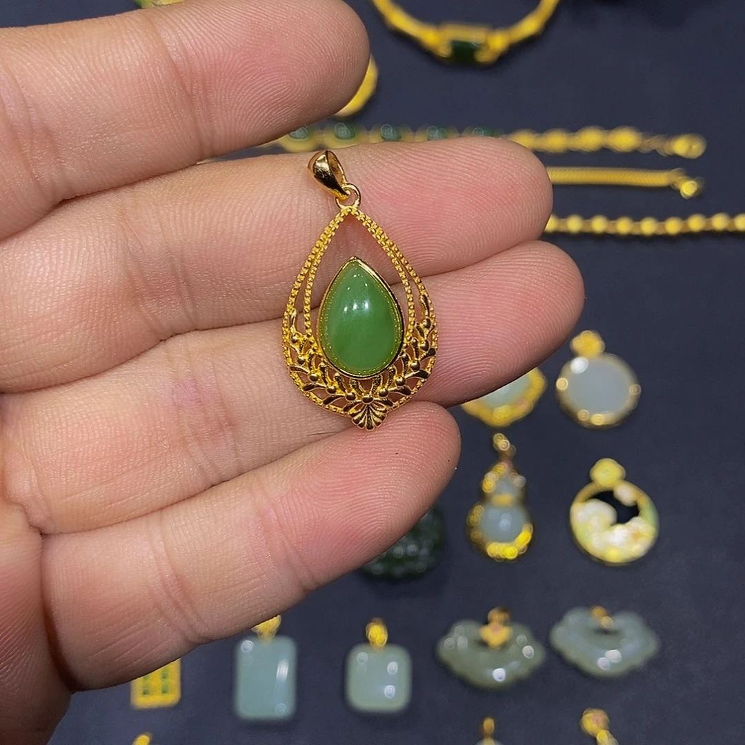 颈饰银S925镀金镶嵌和田玉