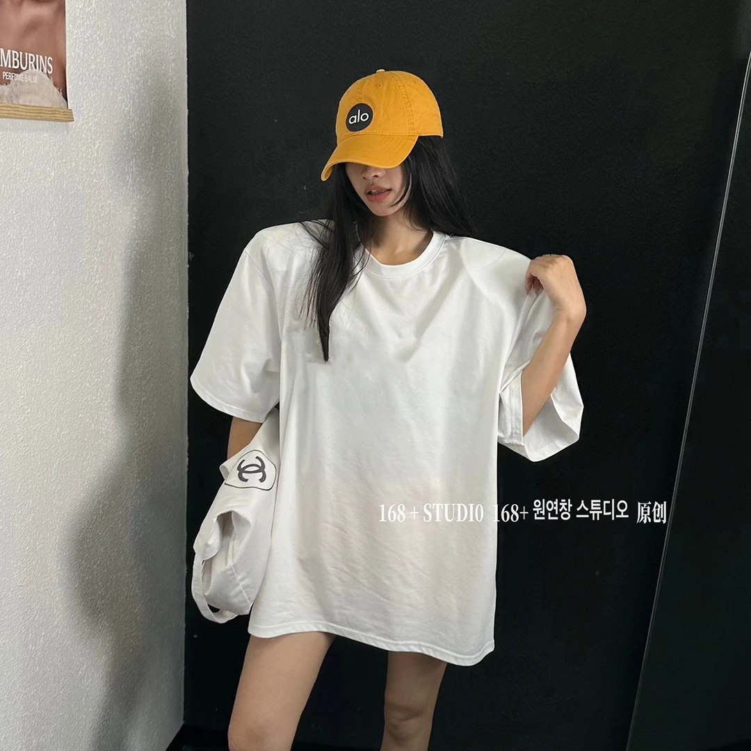 净版垫肩T恤女纯色短袖夏季新款体恤宽松百搭上衣ins中长款洋气潮