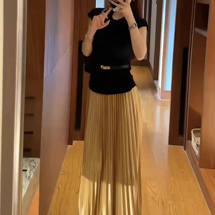 2025夏季新款气质小香风修身小飞袖针织上衣高腰百褶半身裙套装女