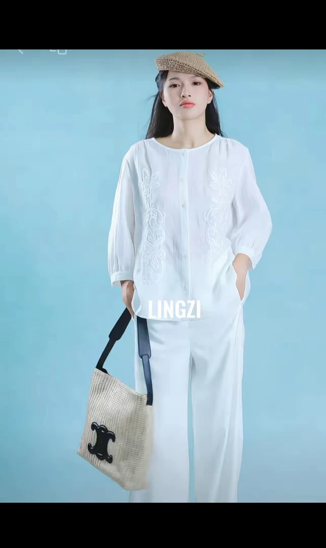 LINGZI/领姿衬衣长袖休闲夏季刺绣薄款七分袖时尚衬衫LZ3129115