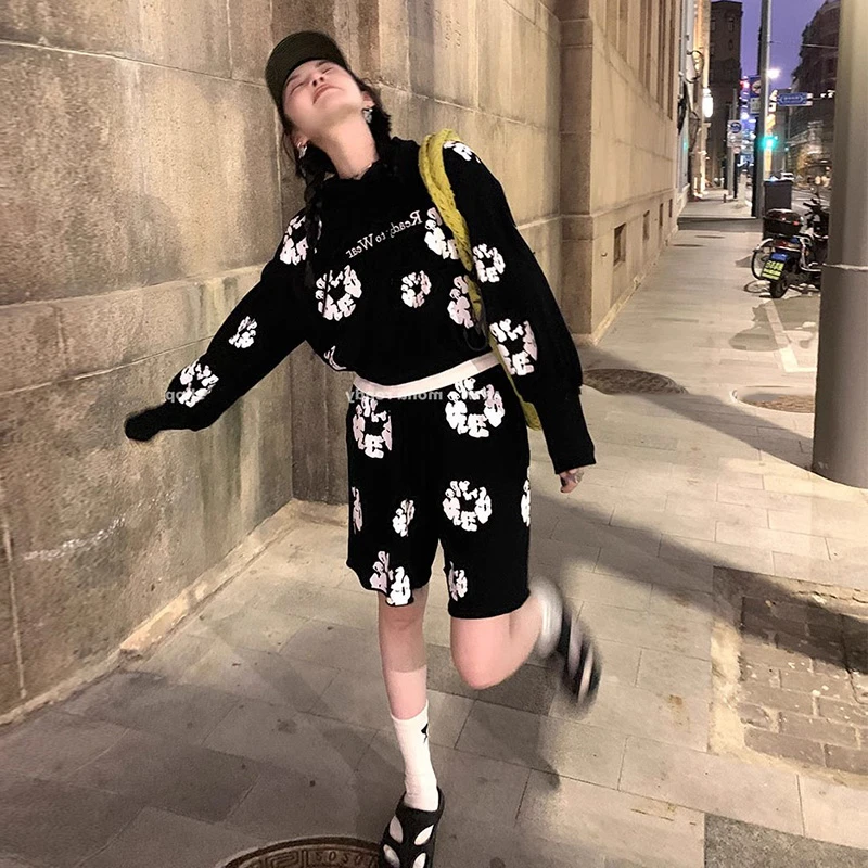 欧货时尚休闲运动套装女春夏宽松洋气炸街印花连帽卫衣短裤两件套