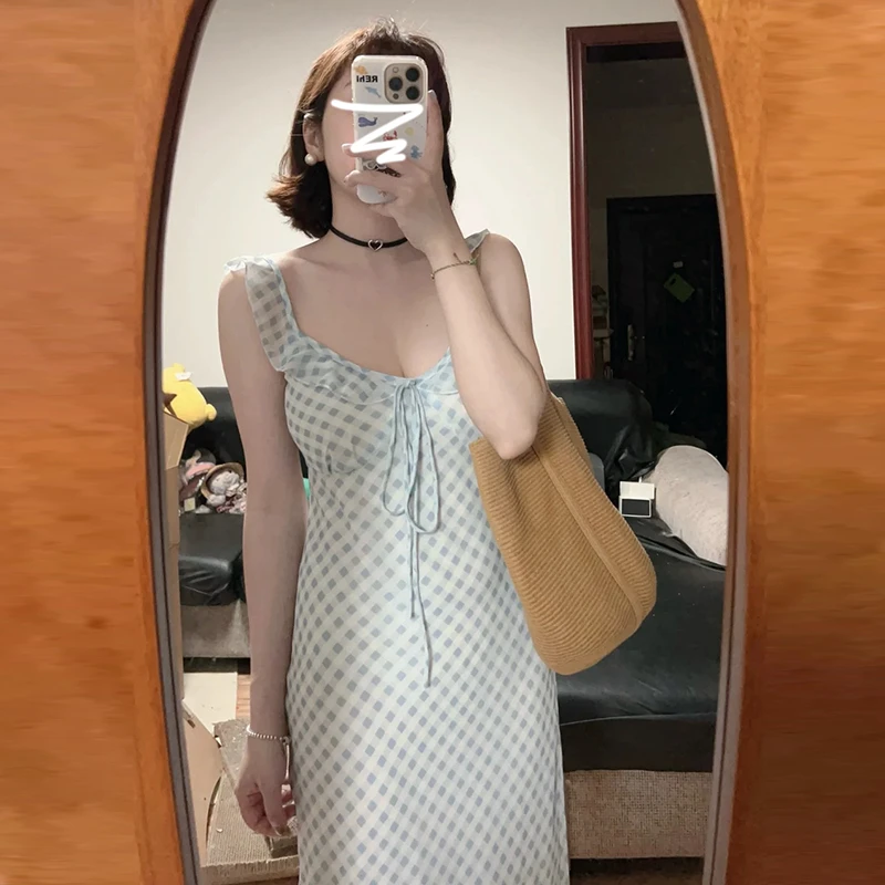 3083格子无袖吊带连衣裙女新款2025春季小众收腰法式长裙子