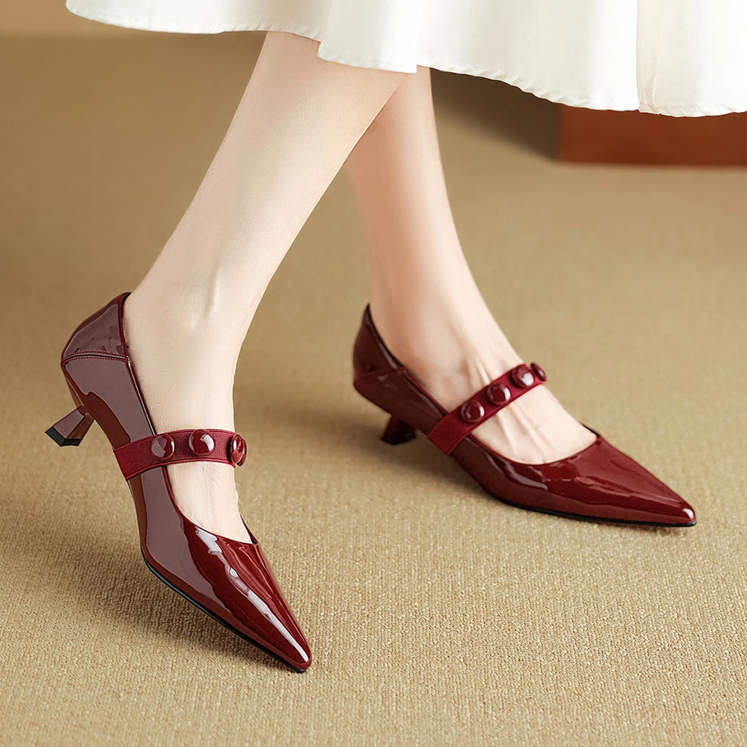 头层羊漆皮~法式红色尖头小猫跟高跟鞋女春秋气质浅口玛丽珍单鞋