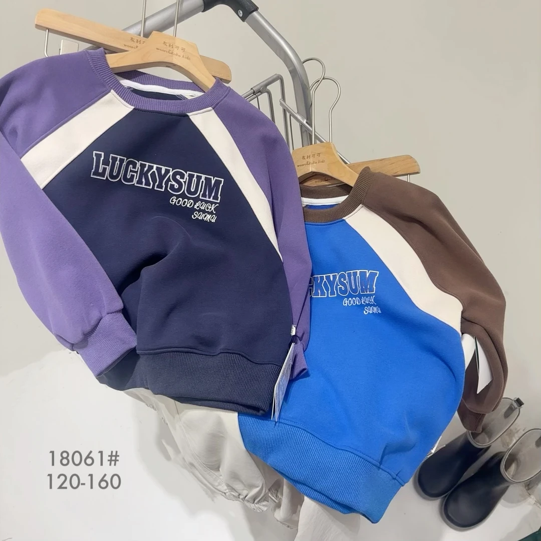 春秋季儿童印花字母拼色中大童圆领休闲卫衣 18061