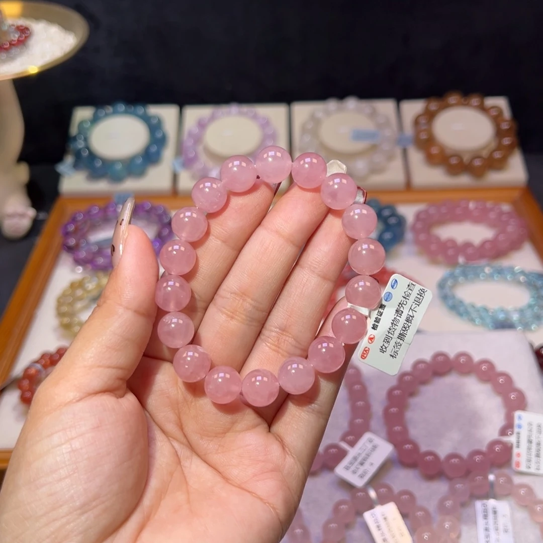 水晶手串未镶嵌水****a老矿蜜桃马粉10.6m m