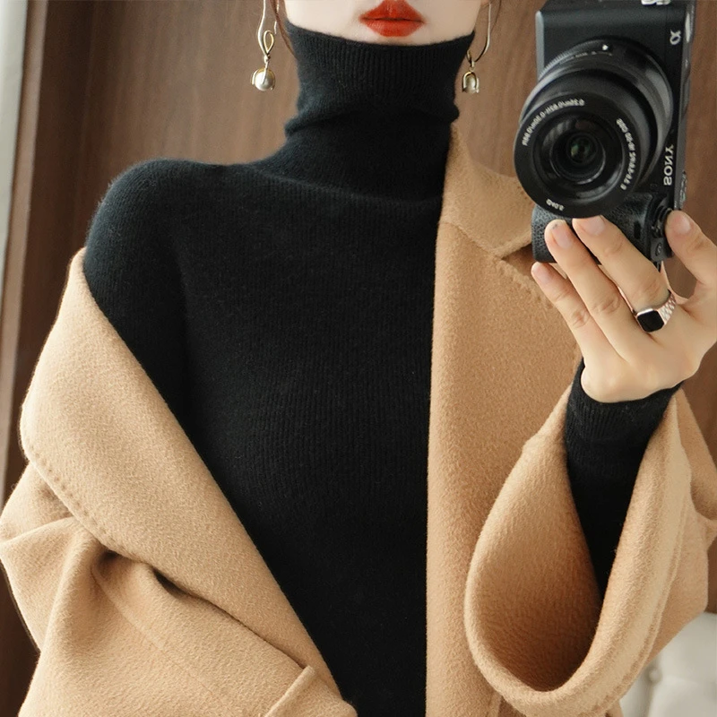 薄款时髦洋气配大衣内搭高领毛衣修身显瘦时尚堆堆领打底衫羊毛针