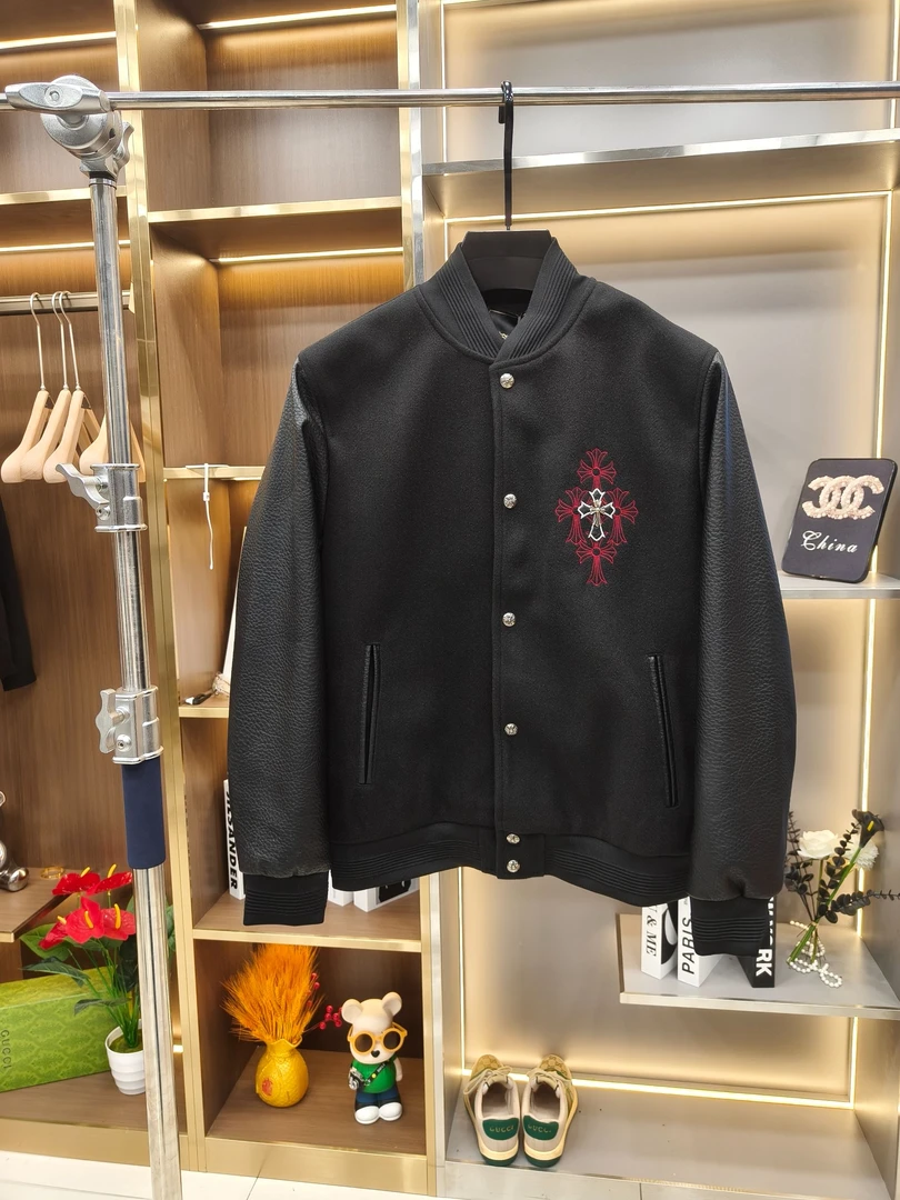 短款拼色毛呢男士中性风十字架时尚夹克印花拼接