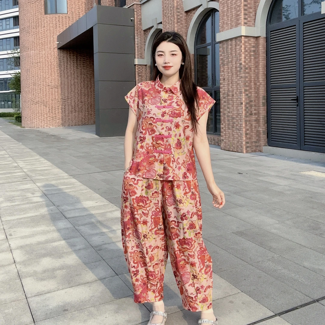 2025夏季复古新中式国风印花翻领宽松无袖衬衫女气质上衣长裤套装