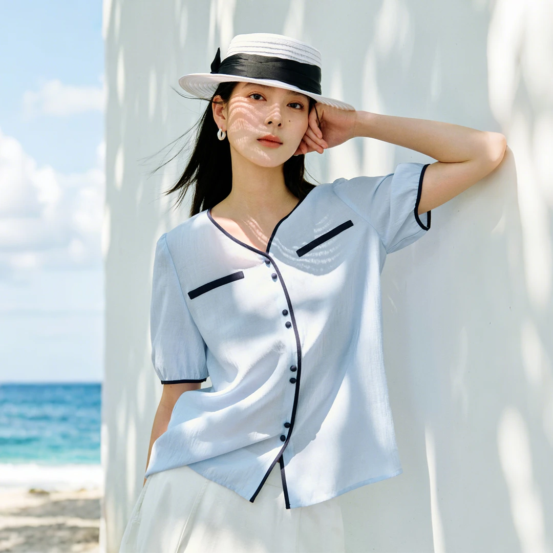 【一秒入夏】茵曼夏季法式撞色V领衬衫休闲宽松显瘦泡泡袖衬衣