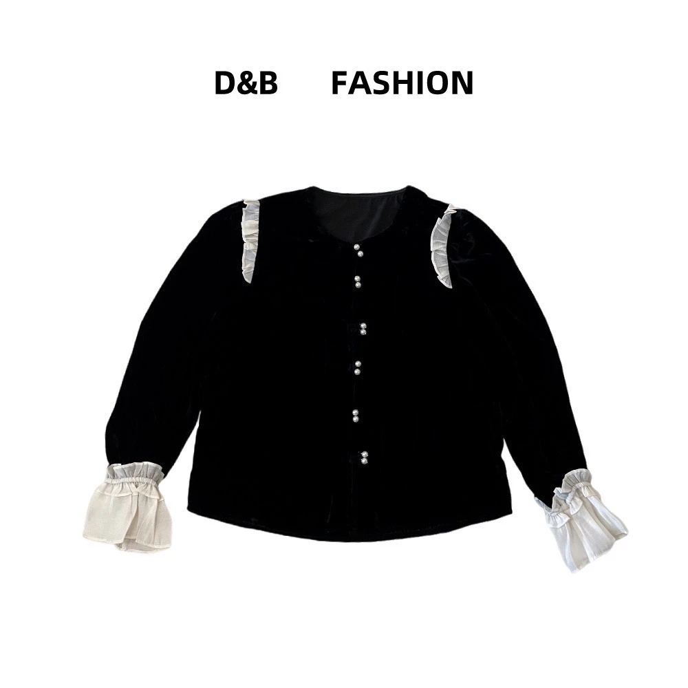 新款气质百搭拼接袖丝绒上衣7738