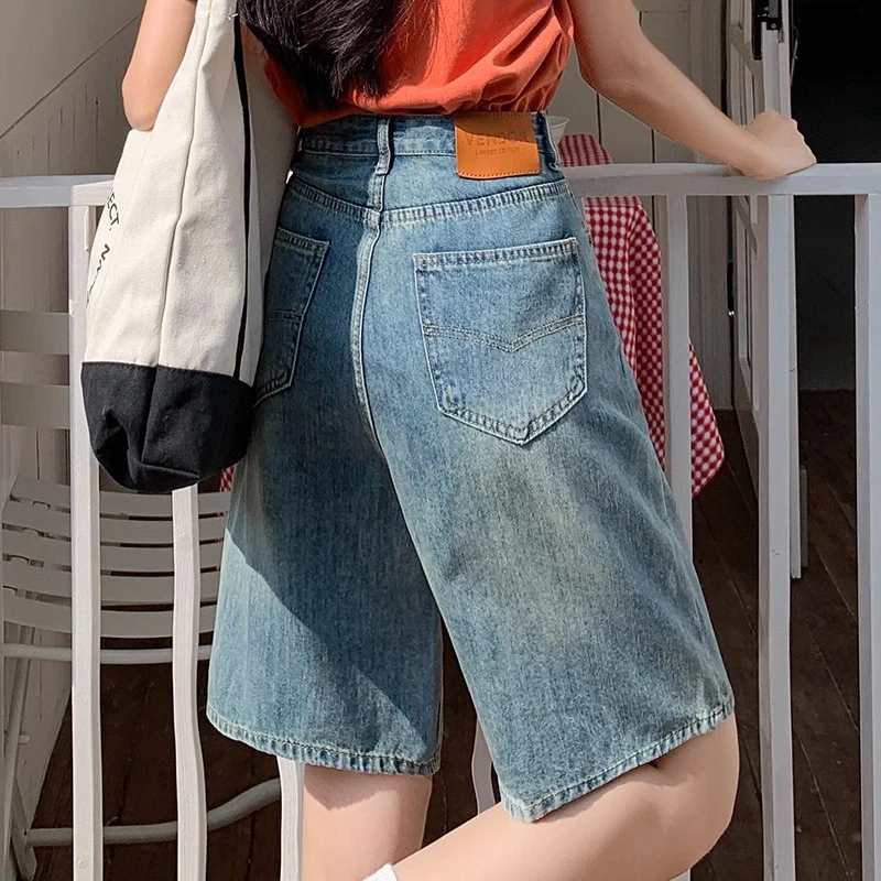 五分牛仔短裤女2025夏季大粗腿遮肉显瘦穿搭高腰宽松过膝阔腿中裤