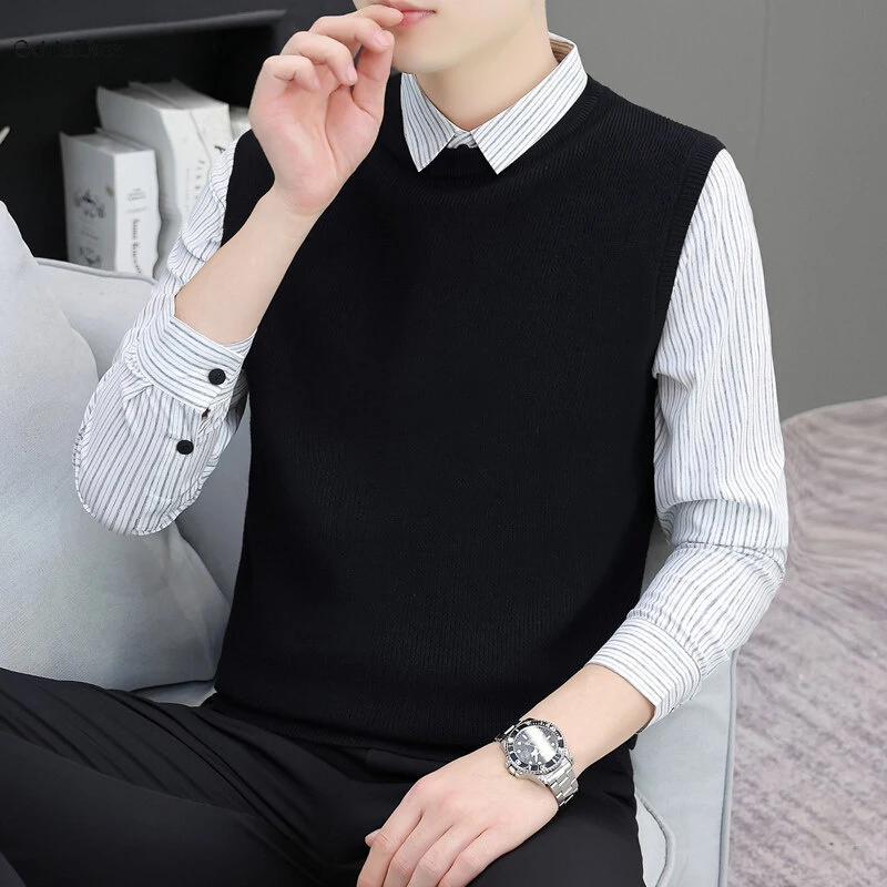 eddadior法国轻奢品牌春秋季假两件毛衣男士修身衬衫领拼接针织