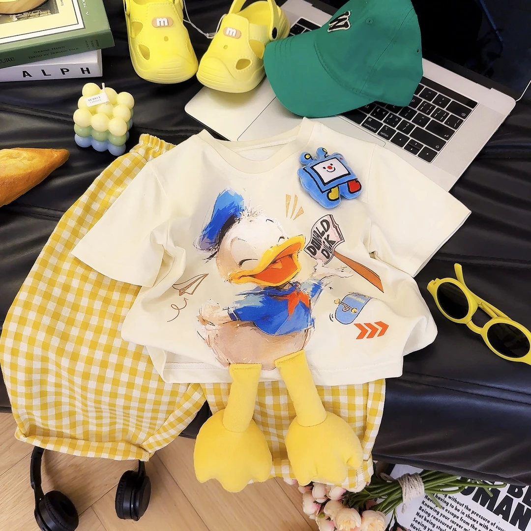 儿童夏季时尚印花立体玩偶开心鸭百搭短袖卡通纯棉T恤圆领洋气