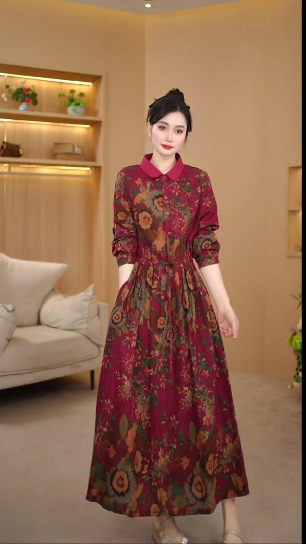 2025春秋多色双色小碎花娃娃领衬衫减领长裙大摆裙棉麻文艺长裙子