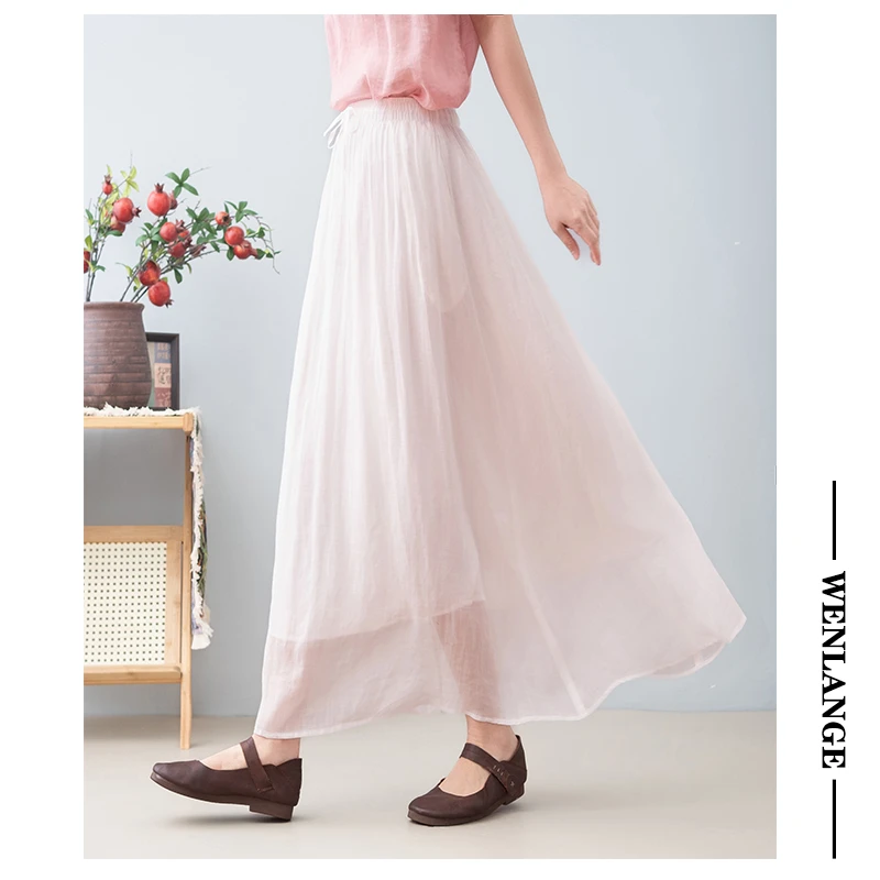 【100苎麻】82502 仙气飘飘双层抽绳半裙25夏季纯色显瘦百搭中长款