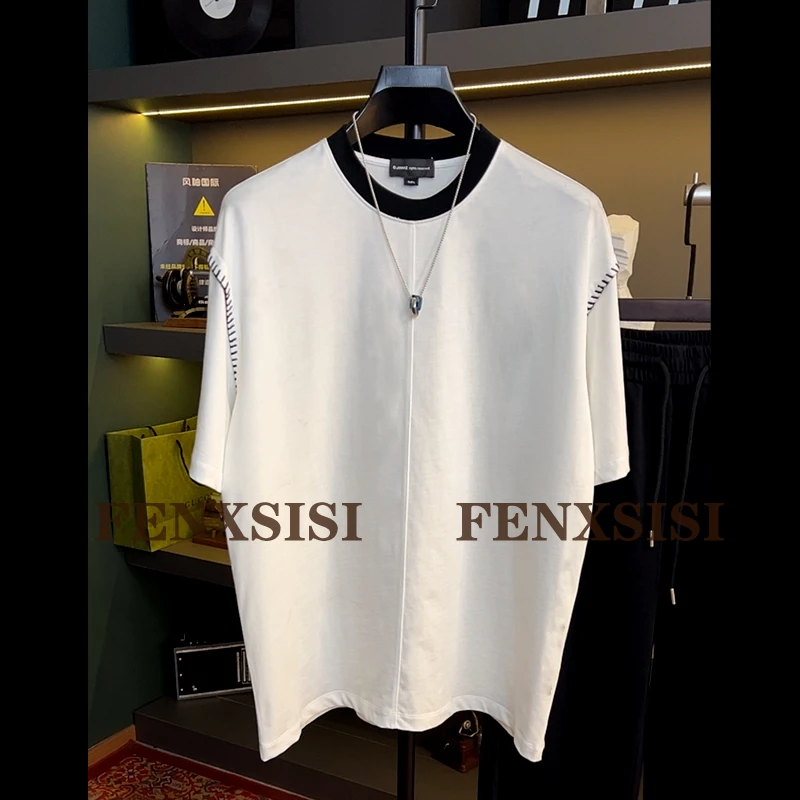 全棉T恤轻奢男装时尚撞色潮酷圆领男士白色休闲夏季半袖潮流宽松