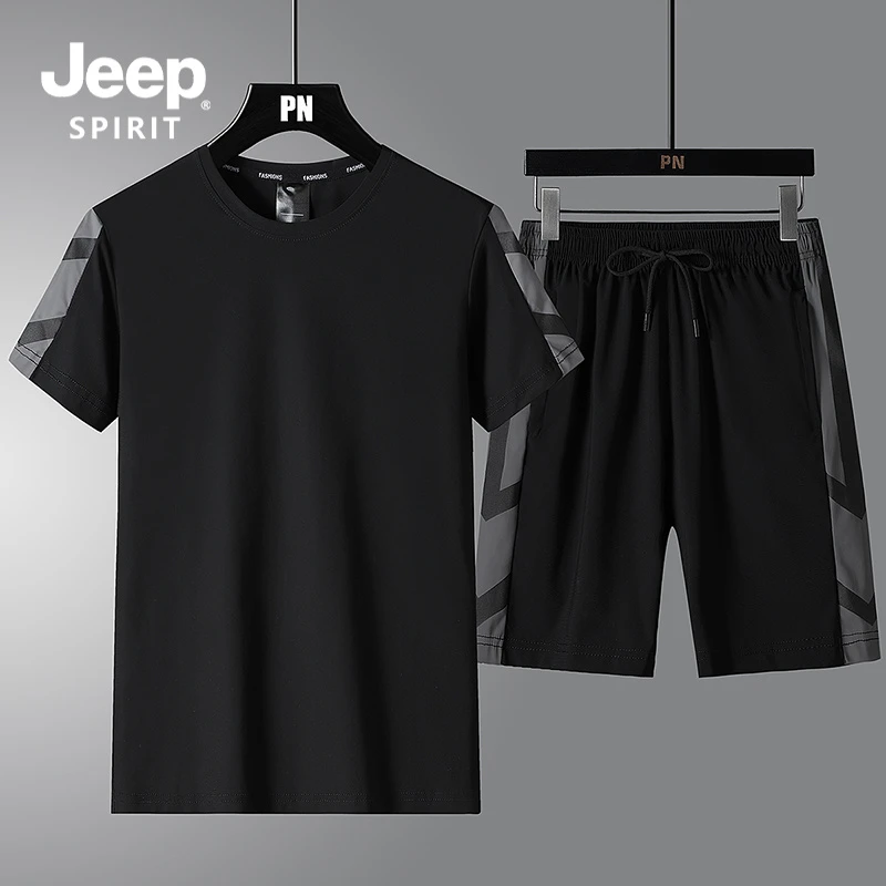 JEEP吉普短袖T恤套装男士夏季冰丝短裤休闲跑步速干运动服男一套