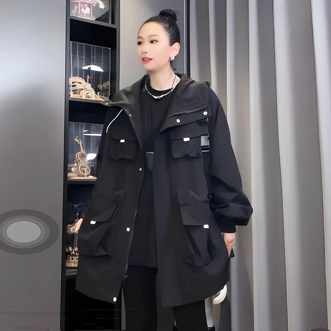 情侣款春秋风衣女韩版宽松连帽工装休闲大码潮中长款大口袋外套