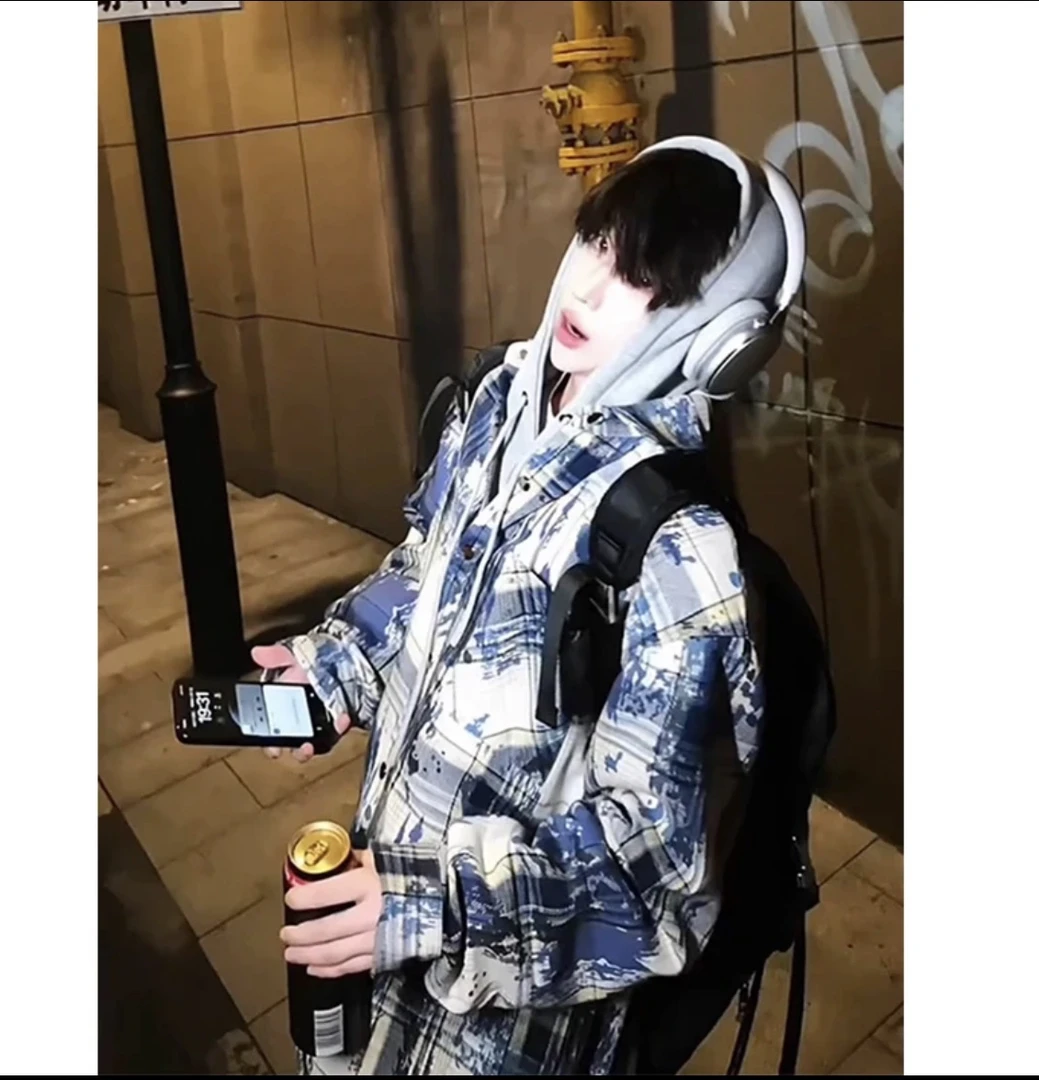 Set Asse美式复古扎染格子长袖衬衫男女春季潮牌小众高街休闲衬衣