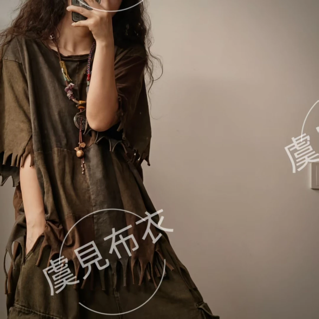 虞见布衣  褴褛乞丐服植物染拼布T恤流苏上衣夏【衣长73胸围146】