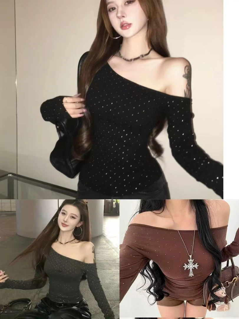 大码满天星烫钻美式复古辣妹斜肩修身显瘦长袖T恤斜肩上衣女9212