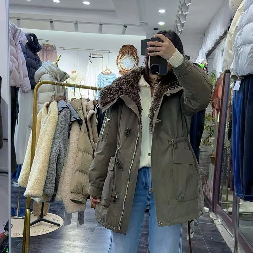 冬季新品加厚保暖中长款大翻领腰抽绳羽绒服派克服韩版宽松高档女