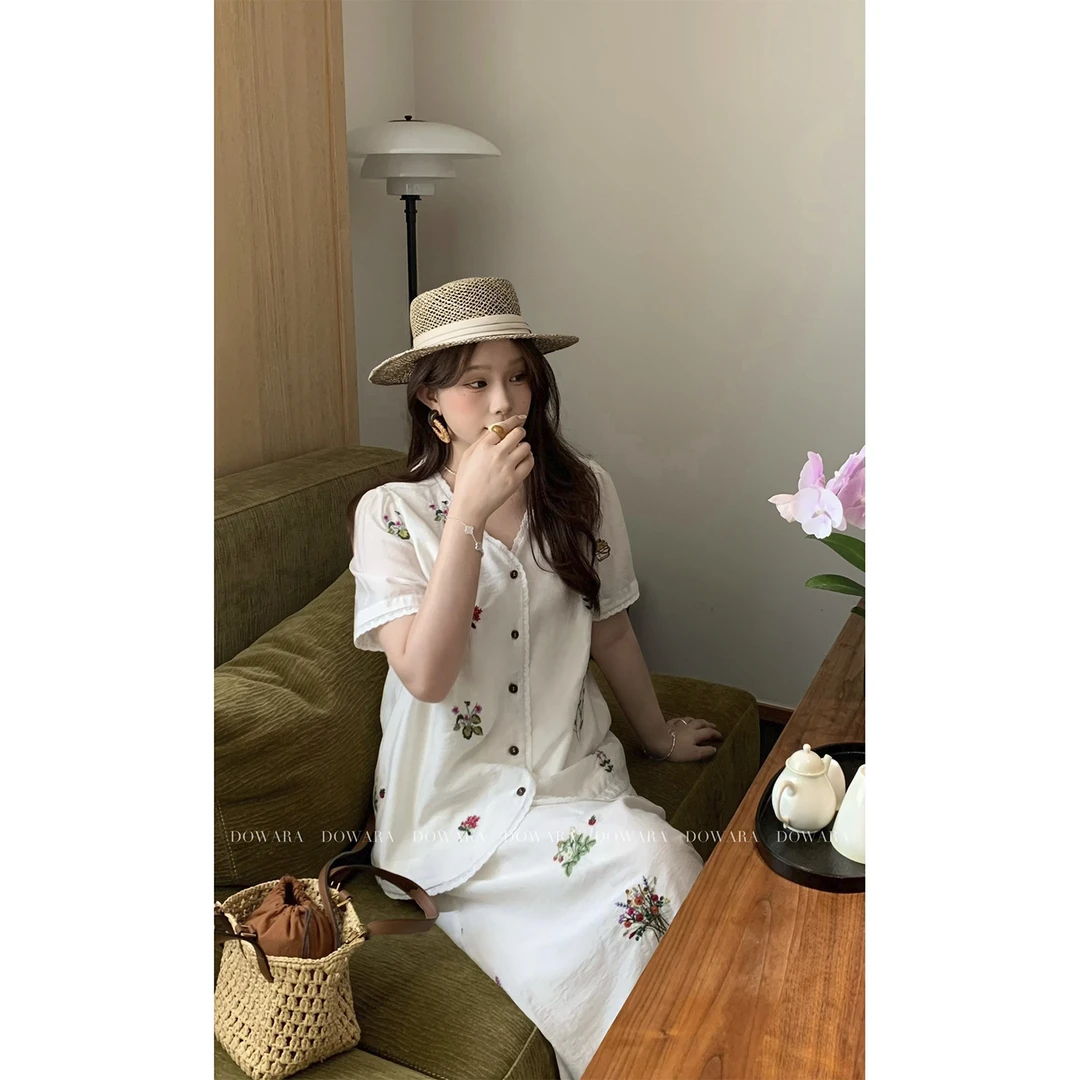 现货大婉酱微胖定制【白洛神】莱赛尔刺绣上衣半身裙两件套女 8917D
