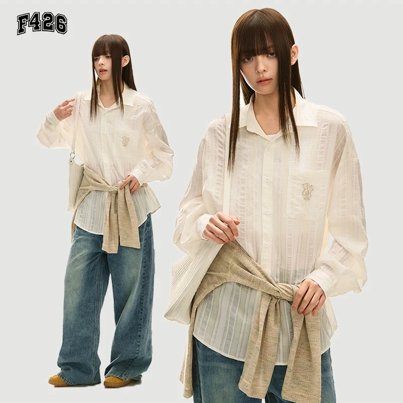F426夏季光泽感条纹肌理薄款衬衫休闲宽松衬衫 6522