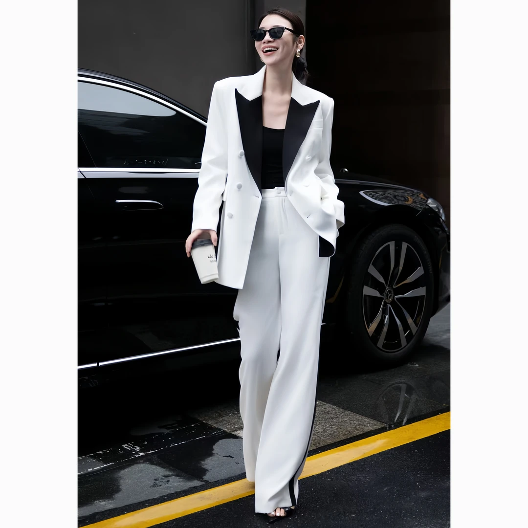 ZEROYK商务风职业西装套装设计感黑白撞色西服阔腿裤两件套