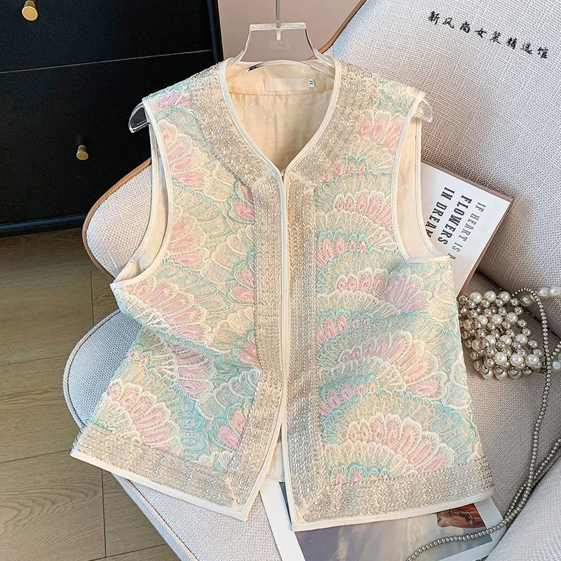 实拍新中式唐装汉服复古开衫重工镶珠刺绣提花汉服马甲改良上衣