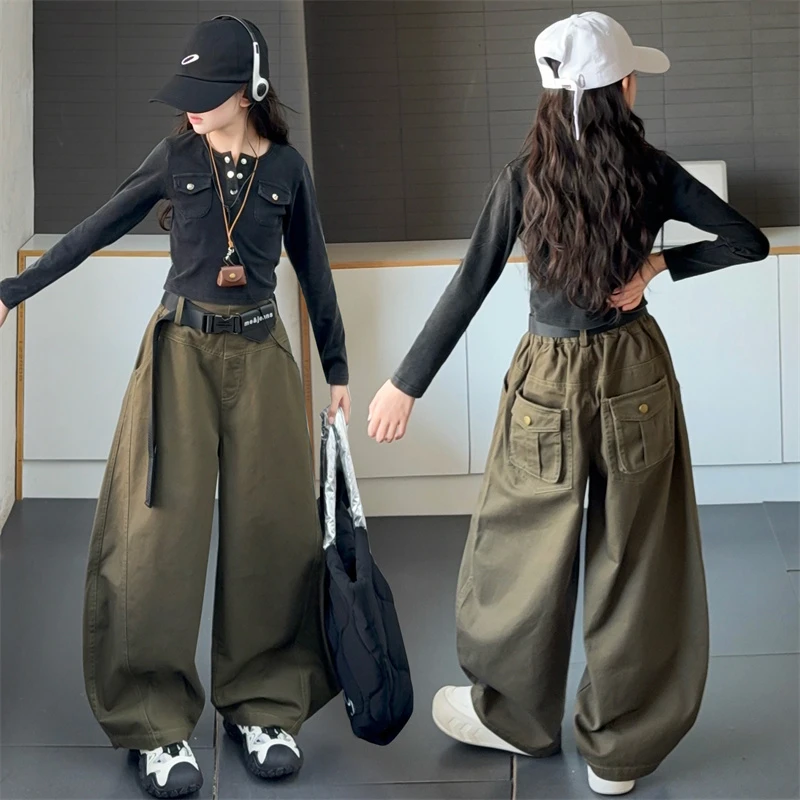 女童春秋军绿色工装裤2025新款高腰美式弯刀裤显瘦宽松阔腿休闲裤