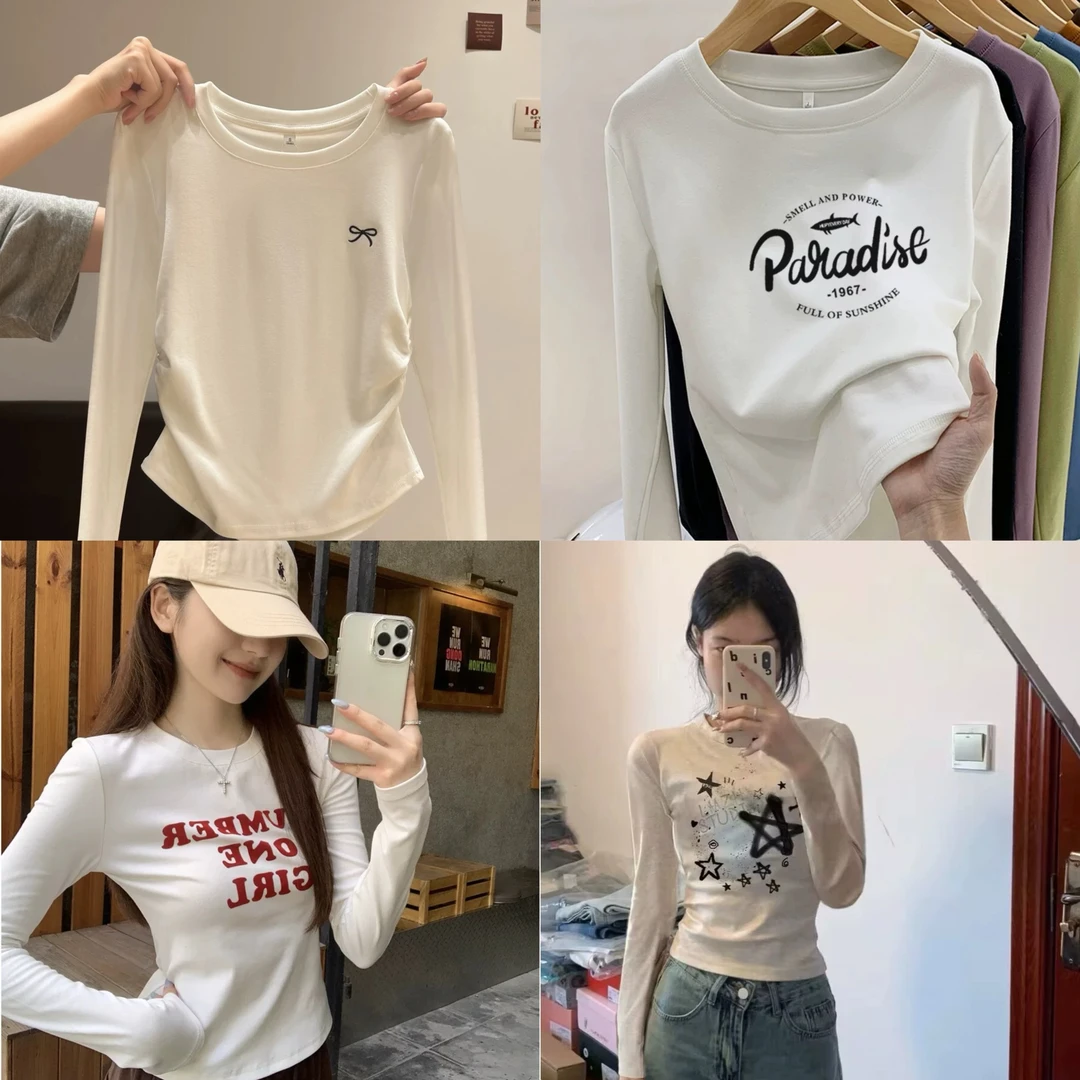 【H301-H599】apm韩国修身长袖上衣重磅烫钻收腰堆褶女款打底T上衣