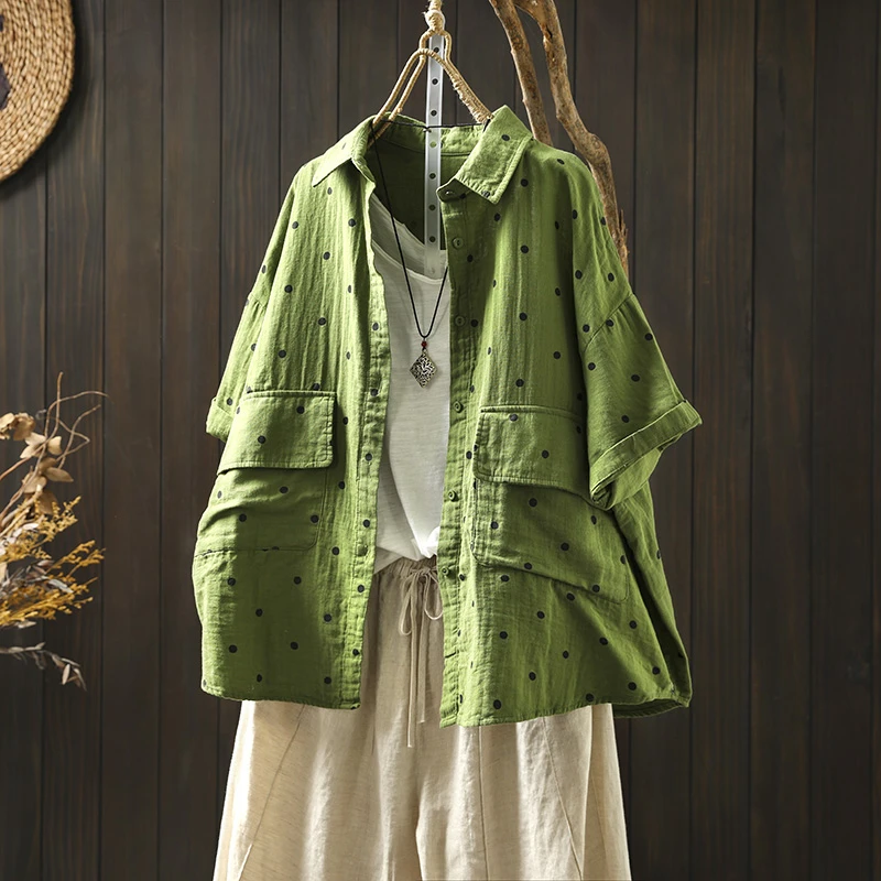 大口袋双层棉纱波点衬衫女短袖宽松大码夏装文艺休闲软糯衬衣外套