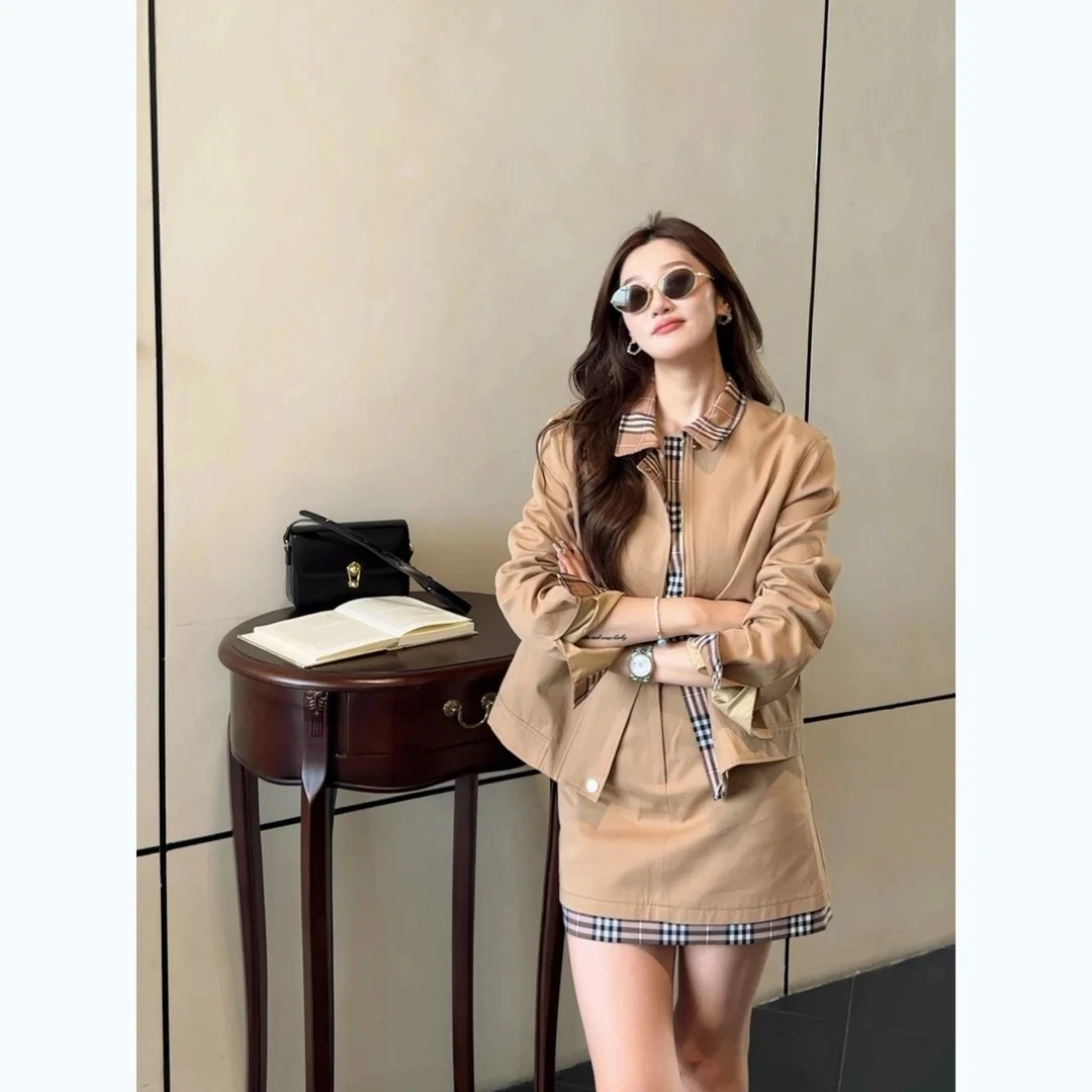 【复古腔调】25年秋季长袖风衣套装拼格子POLO领宽松百搭轻奢女装