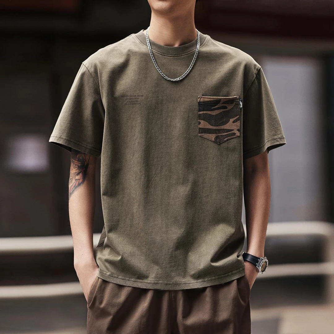 格蓝鹿高端复古短袖T恤男夏季新款潮牌国风休闲衣服口袋上衣男装