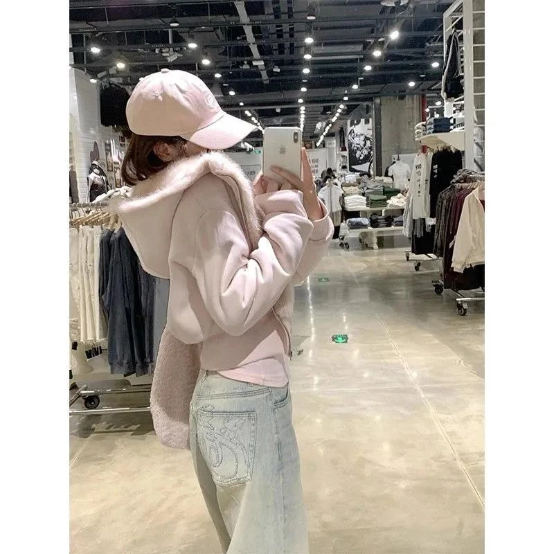 2025冬季新款时尚百搭两穿毛绒外套短款保暖加厚连帽粉色棉服外套