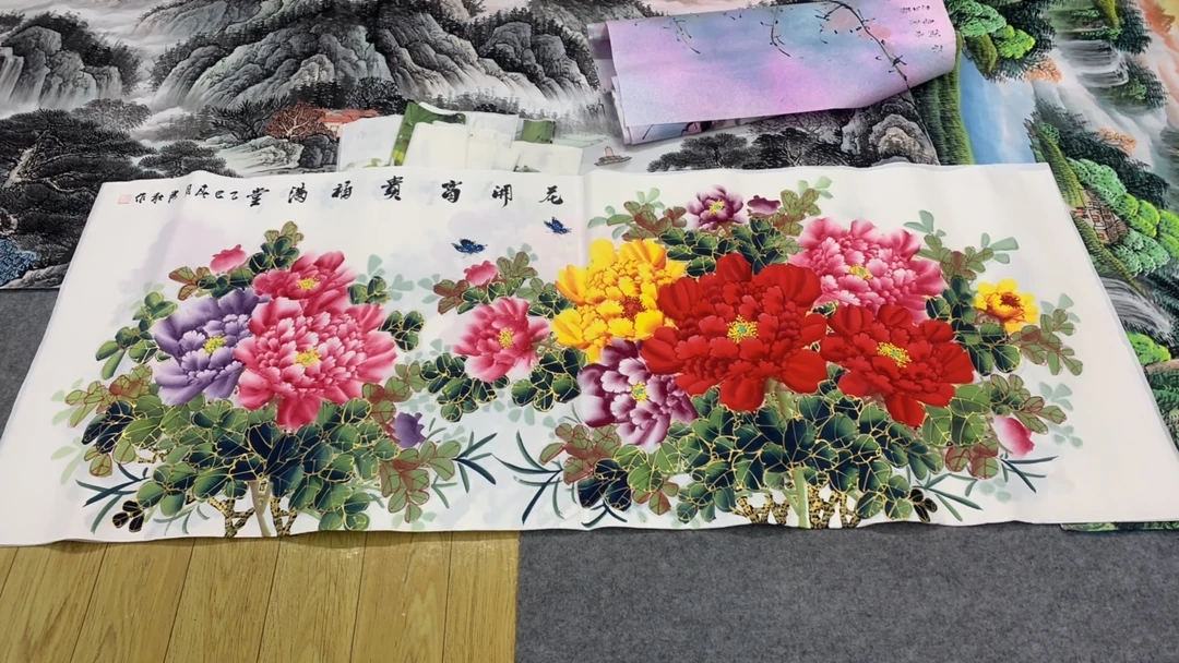 金线牡丹鱼图画图芯尺寸：140cm*70cm山水画客厅办公室