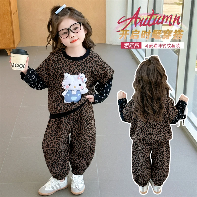 女童假两件豹纹卫衣套装小女孩春秋款时髦女童韩版两件套小童秋装