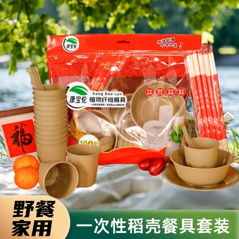 春游野餐一次性餐具套装环保餐具盘子碗筷勺杯加厚耐高温可降解