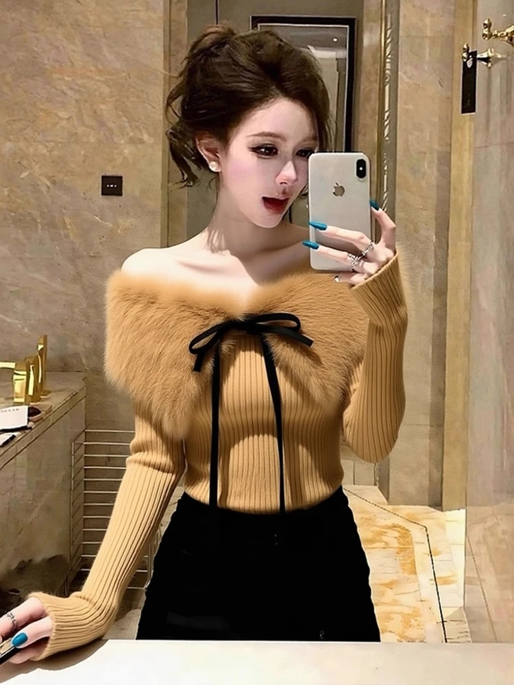 纯欲甜辣妹修身短款毛领拼接毛衣针织打底衫女内搭秋冬一字肩上衣