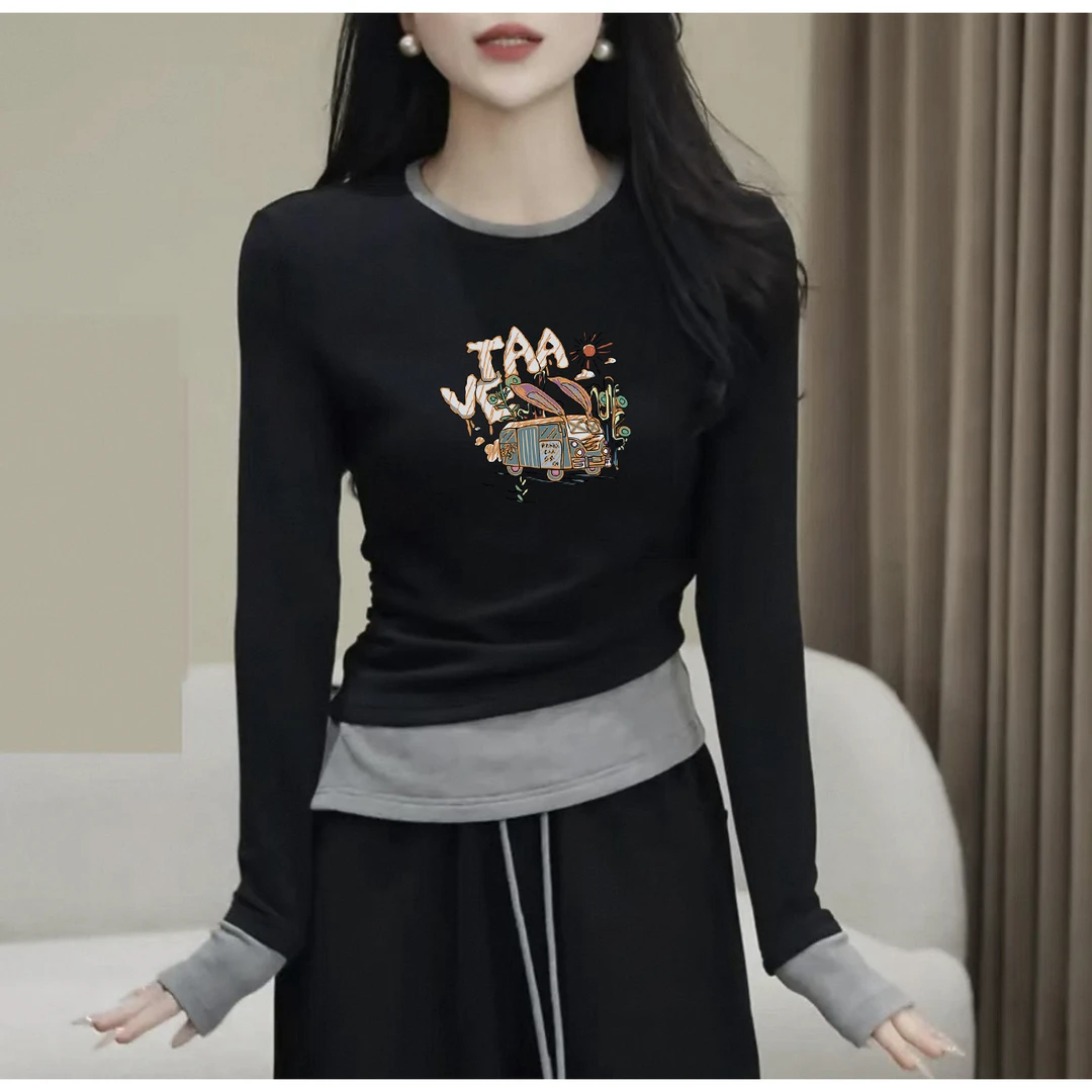 2025年小众印花假两件长袖T恤春装新款休闲风修身内搭打底上衣潮