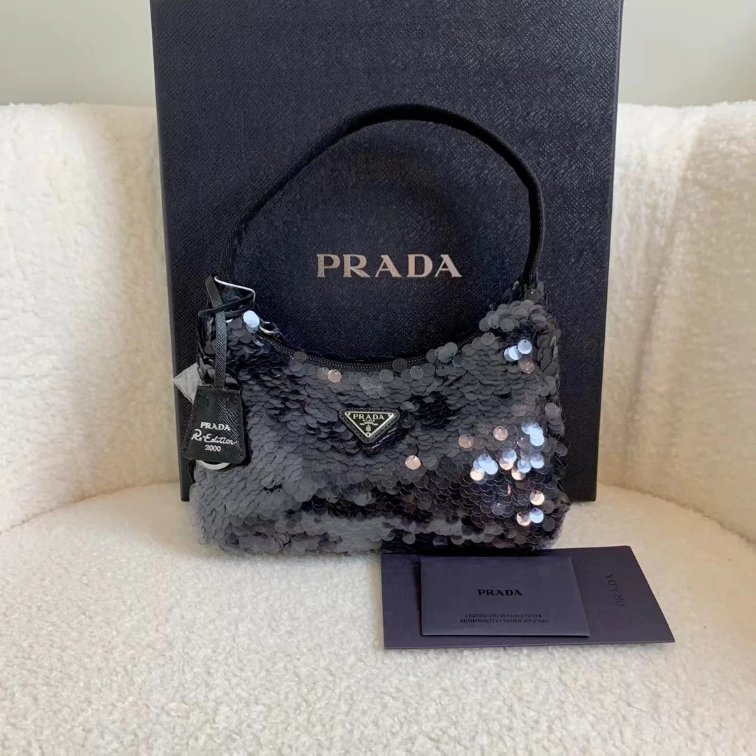 99新 Prada/普拉达 壹臻/黑色限定亮片hobo 2000 37717374