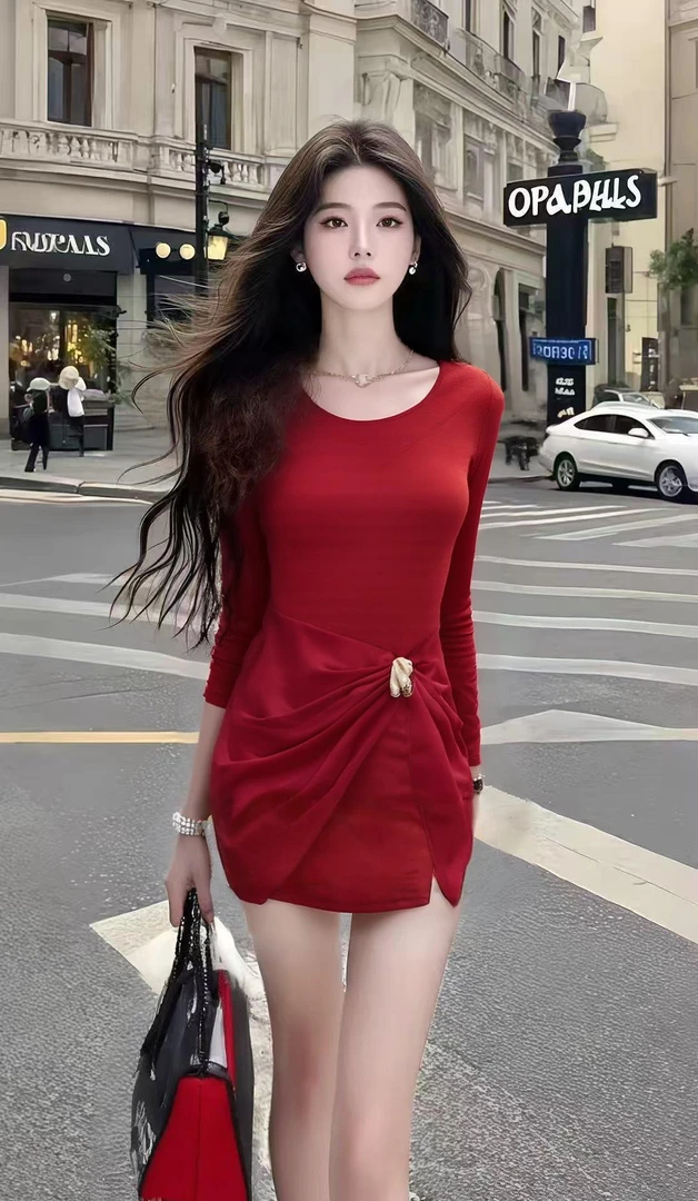 新款时尚轻奢优雅红色圆领长袖修身收腰连衣裙高级氛围感短裙女