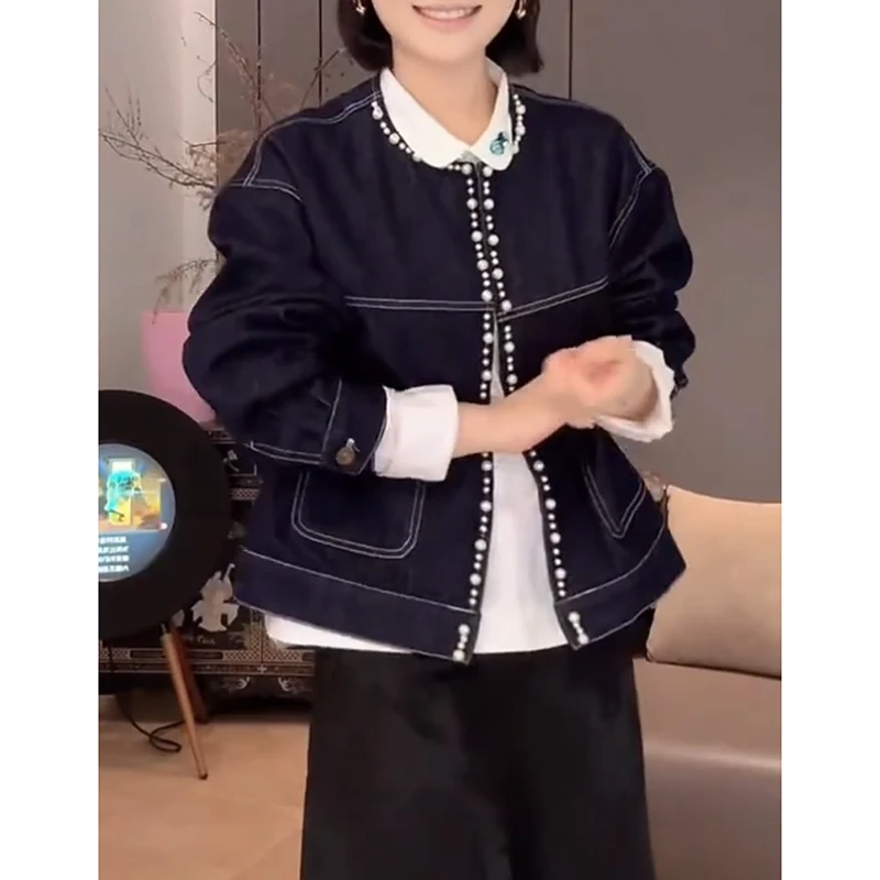 韩系小众宽松工装夹克女2025秋季新款休闲百搭重工钉珠牛仔短外套