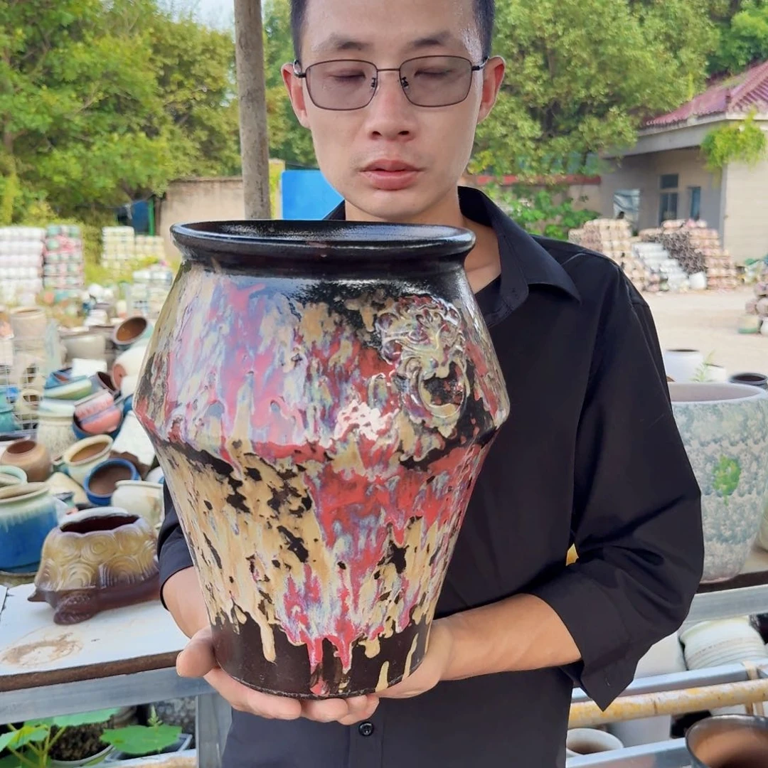 紫砂花盆口20高31（一个狮子头红色老庄