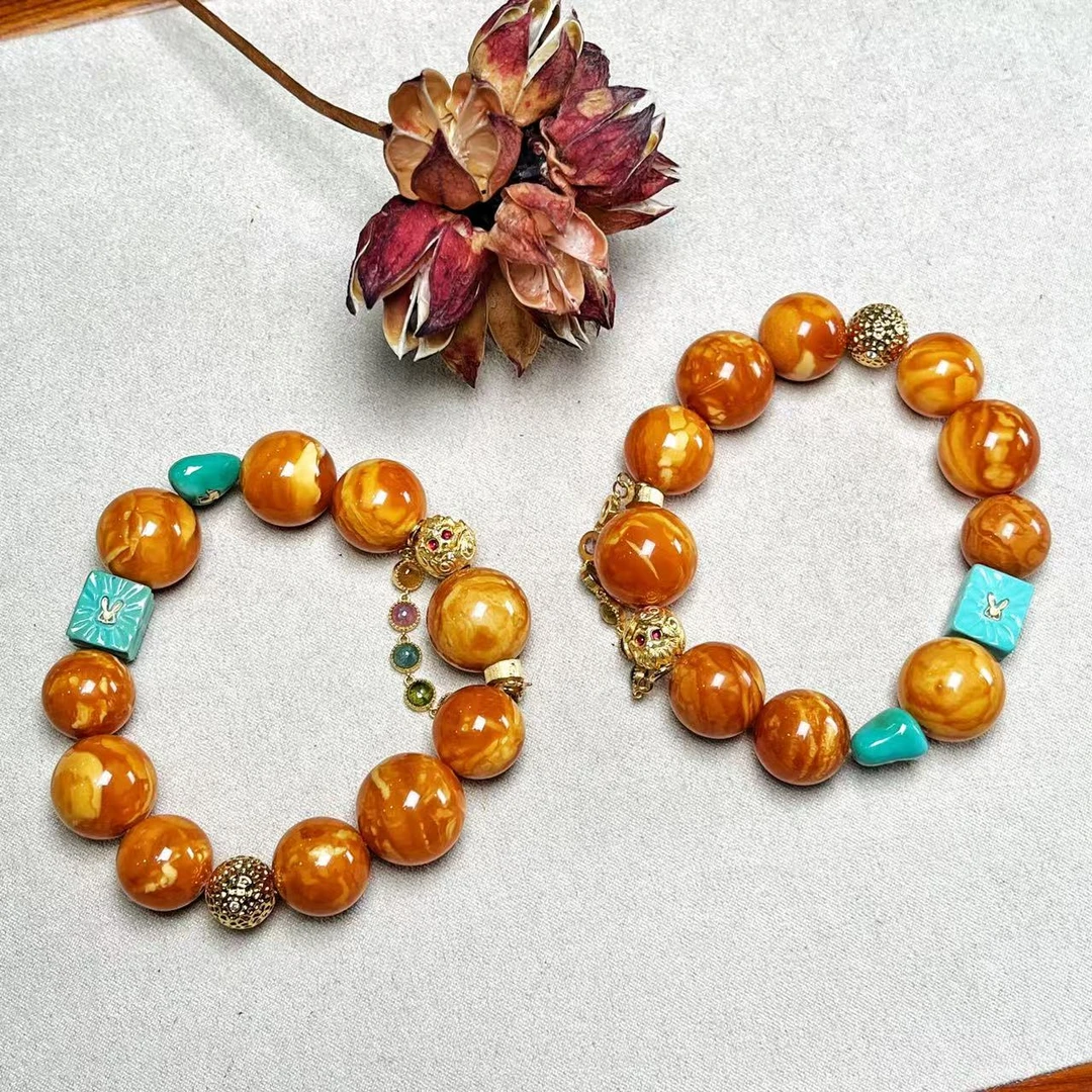 【壹芳珠宝】天然原矿蜜蜡亮皮兔子手串13mm-15mm（多样性发货一件）