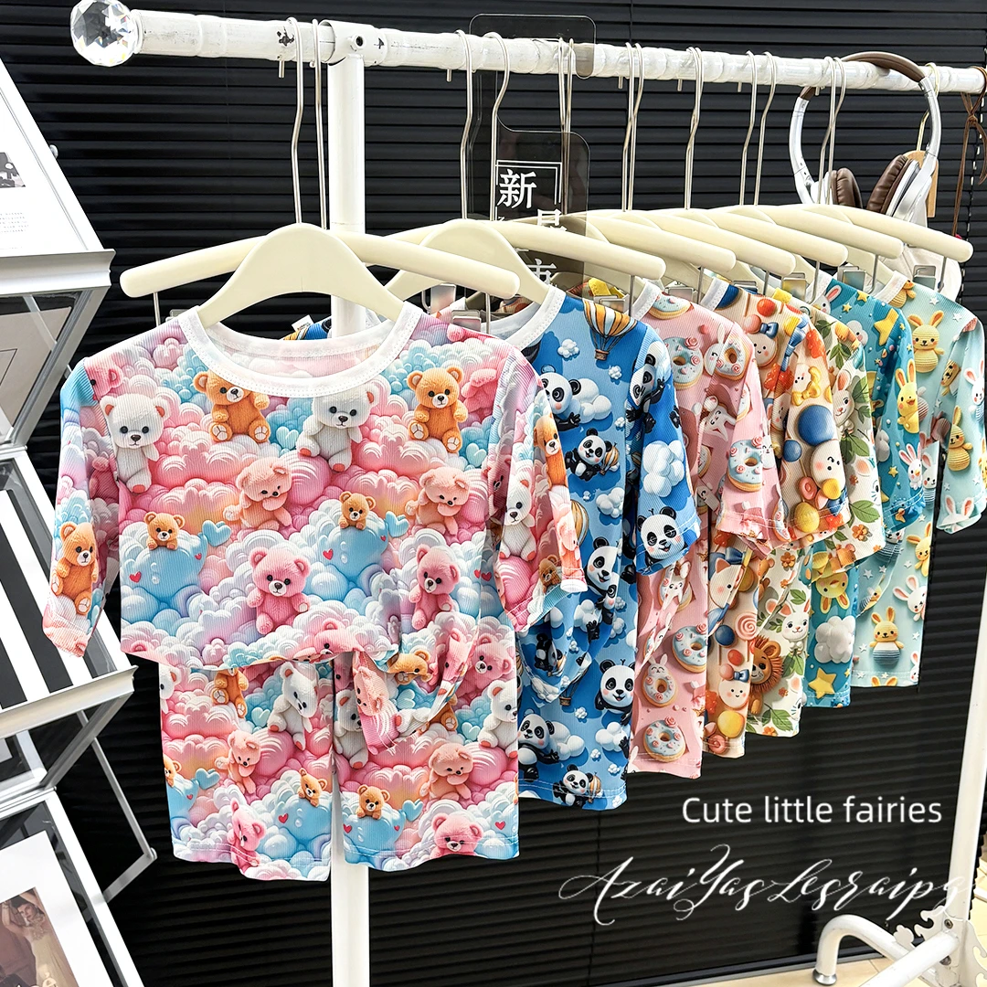 新款夏季冰丝7分裤7分袖套装男女童爆款3D立体两件套休闲洋气时髦