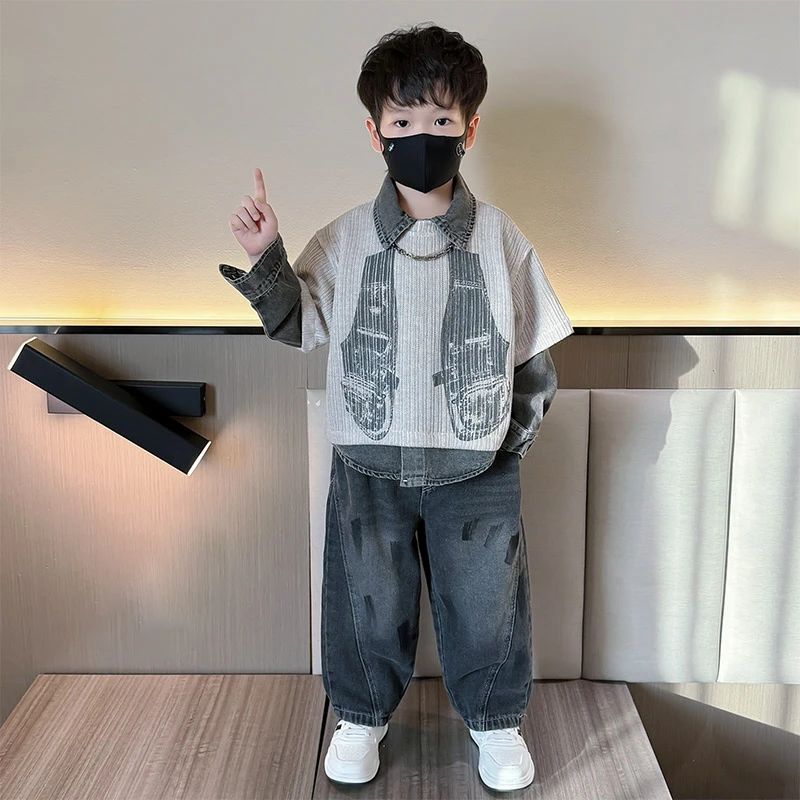 男童秋套装2025新款酷帅男宝宝外套春秋款马甲三件套儿童秋装