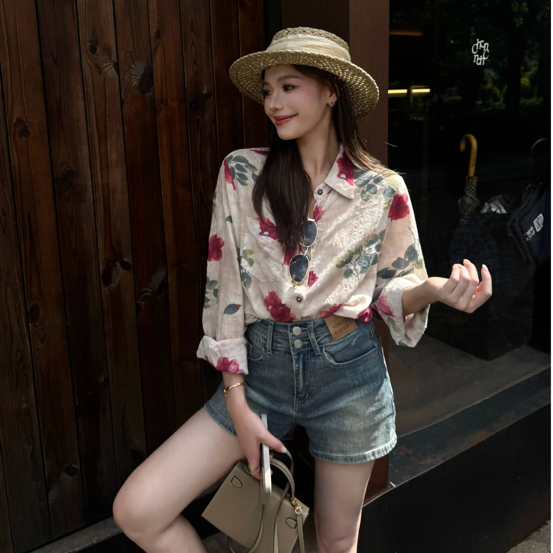 2025春夏季设计感百搭显瘦气质长袖花色衬衫女装法式爆款开衫衬衣
