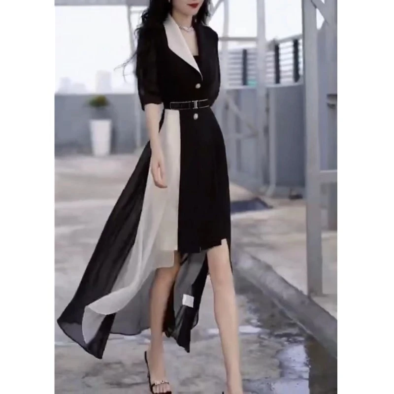 2025夏季新款御姐范显瘦拼接连衣裙中长款不规则女裙气质轻奢时尚